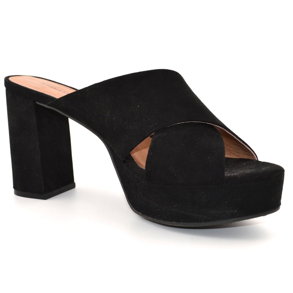 Chinese Laundry Platform Mules Womens 9.5 Black Excellent Crisscross Block Heel